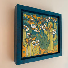 Load image into Gallery viewer, Cactus bats framed in blue solid tiger maple wood
