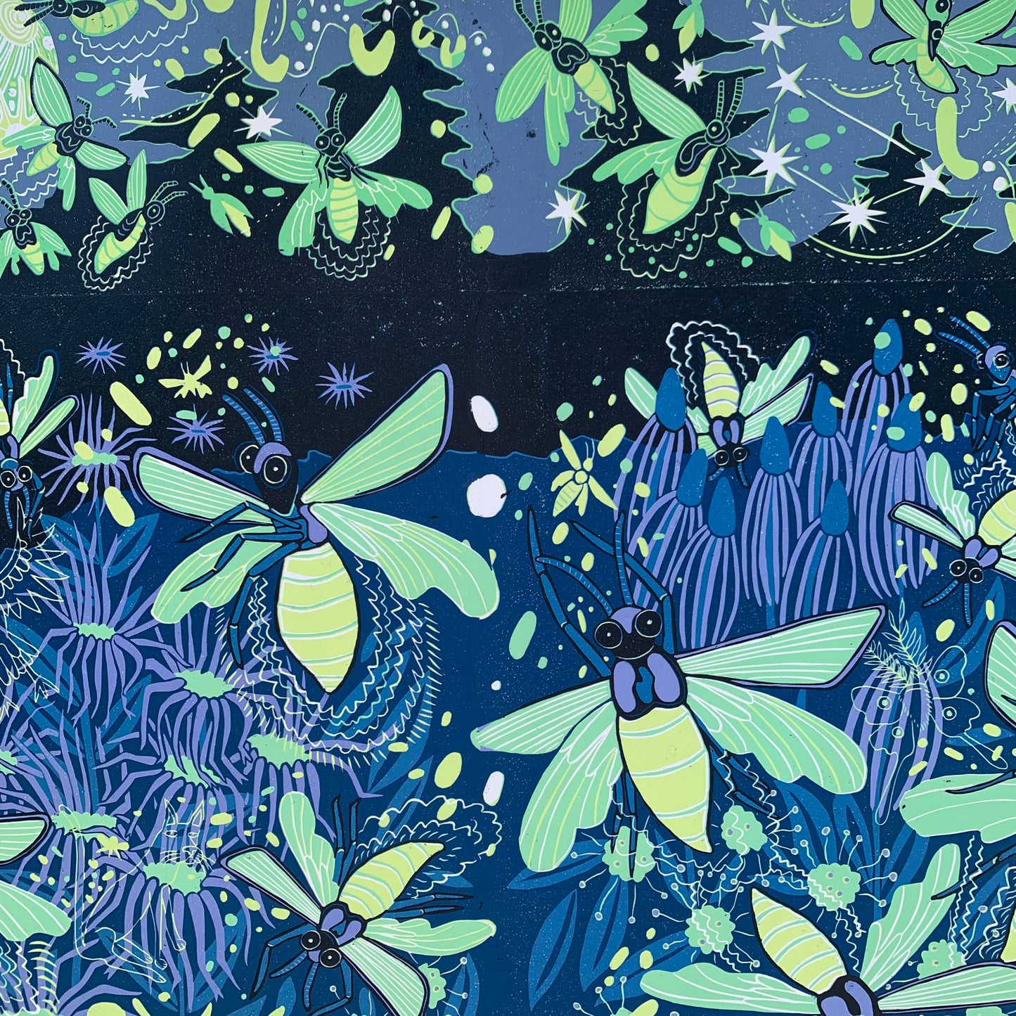 Large firefly and glowing plant nighttime scene