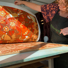 Load image into Gallery viewer, Large Hummingbird and spiderweb original woodcut
