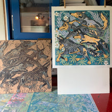Load image into Gallery viewer, Wolf and Dog original Woodcut
