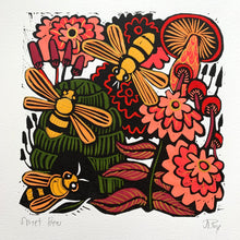 Load image into Gallery viewer, Bee and floral Linocut pink flowers
