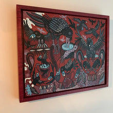 Load image into Gallery viewer, Thirsty crow woodcut framed in red
