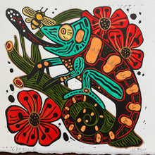 Load image into Gallery viewer, Handpainted festive chameleon linocut

