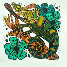 Load image into Gallery viewer, Green and Orange Handpainted chameleon linocut
