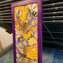Load image into Gallery viewer, Last One Purple framed Aster and goldenrod woodcut framed in curly maple
