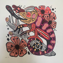 Load image into Gallery viewer, Pink tones Handpainted chameleon linocut
