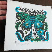 Load image into Gallery viewer, Handpainted blue moth linocut
