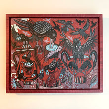 Load image into Gallery viewer, Thirsty crow woodcut framed in red
