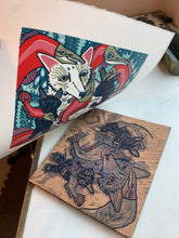 Load image into Gallery viewer, LAST ONE UNFRAMED Spirit bear and sockeye salmon original woodcut
