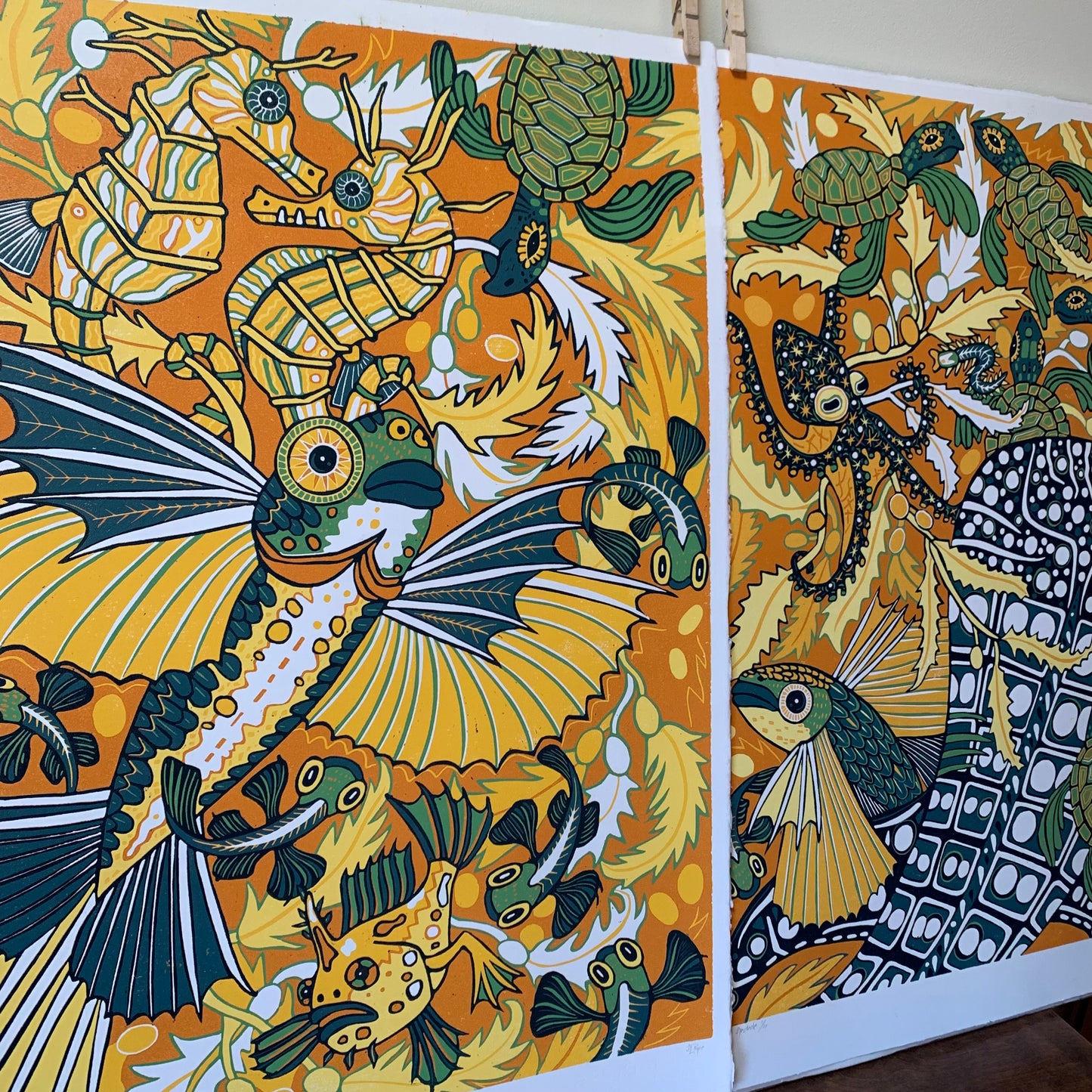 Flying fish and whale shark original Woodcut