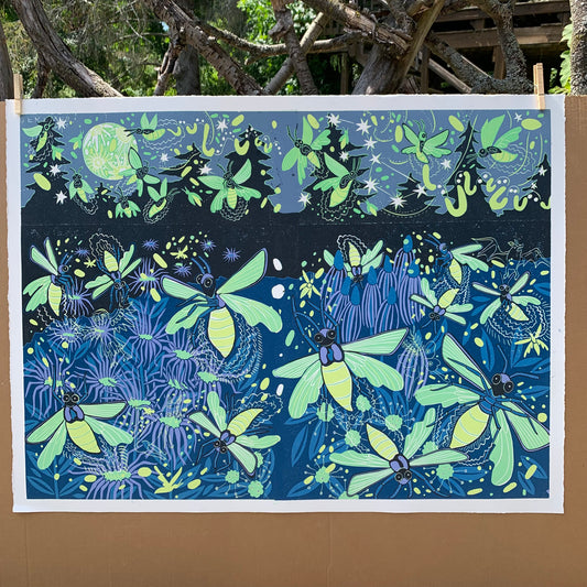 Large firefly and glowing plant nighttime scene