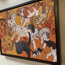 Load image into Gallery viewer, Big dog woodcut with poodles and friends framed in black
