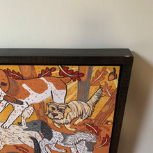 Load image into Gallery viewer, Big dog woodcut with poodles and friends framed in black
