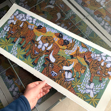 Load image into Gallery viewer, American Bison and Karner Blue Butterfly and Lupine orignal woodcut
