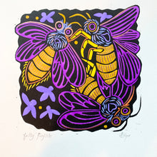 Load image into Gallery viewer, Purple and Yellow Lightning bug linocut
