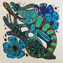 Load image into Gallery viewer, Blue Handpainted chameleon linocut
