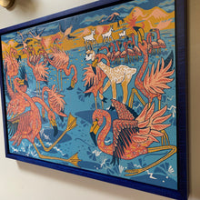 Load image into Gallery viewer, Flamingo and llama woodcut framed in blue
