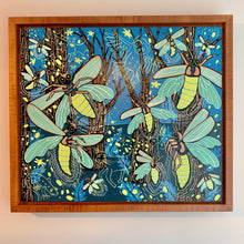 Load image into Gallery viewer, Please allow 3 weeks for delivery—lightning bug woodcut framed in nutmeg
