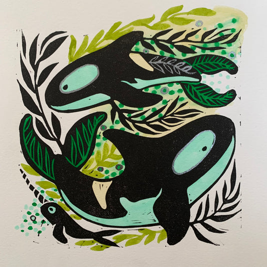 Kelp and orca linocut