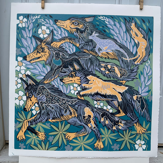 Wolf and Dog original Woodcut