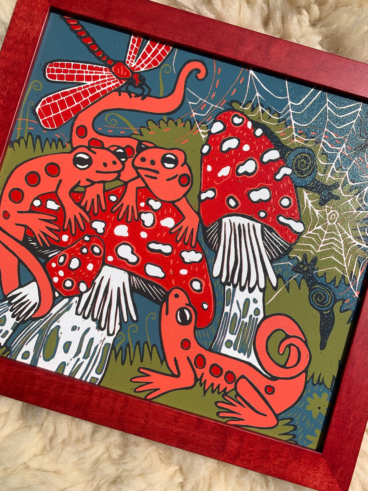 Red eft and mushroom framed in red
