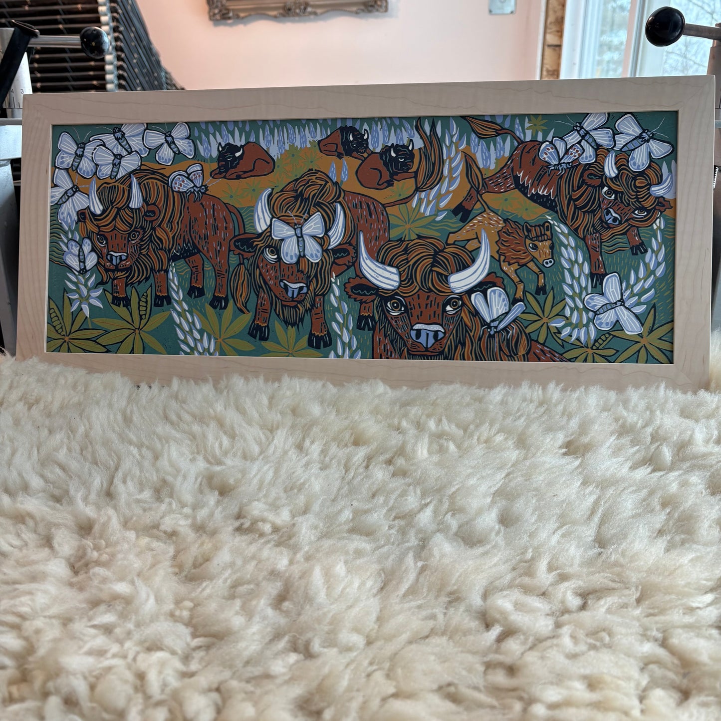 Pre-order Bison and butterflies woodcut framed in natural curly maple