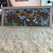Load image into Gallery viewer, Pre-order Bison and butterflies woodcut framed in natural curly maple
