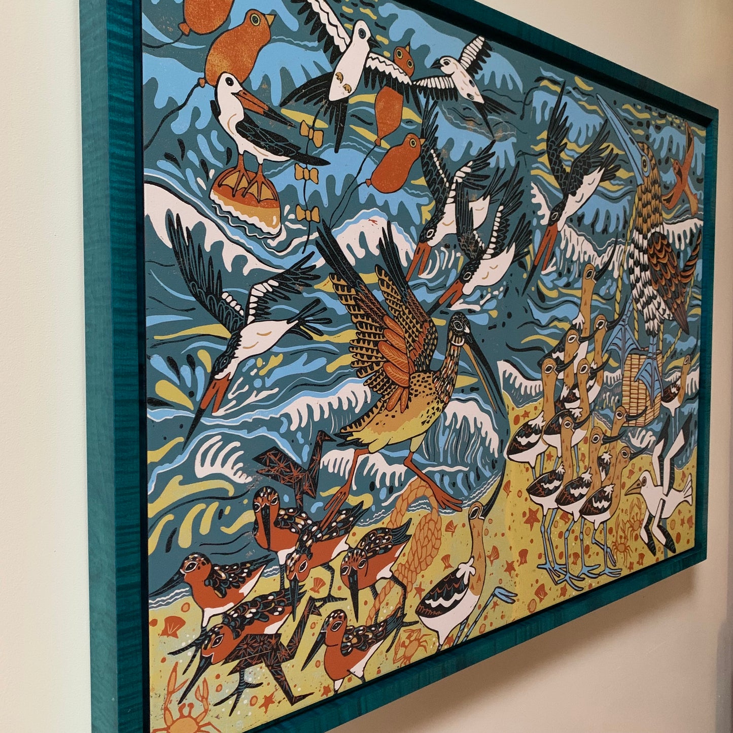 LAST ONE framed Large bird and beach biomimcry woodcut