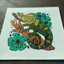 Load image into Gallery viewer, Green and Orange Handpainted chameleon linocut
