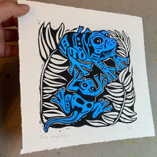 Load image into Gallery viewer, Handpainted blue dart frog linocut
