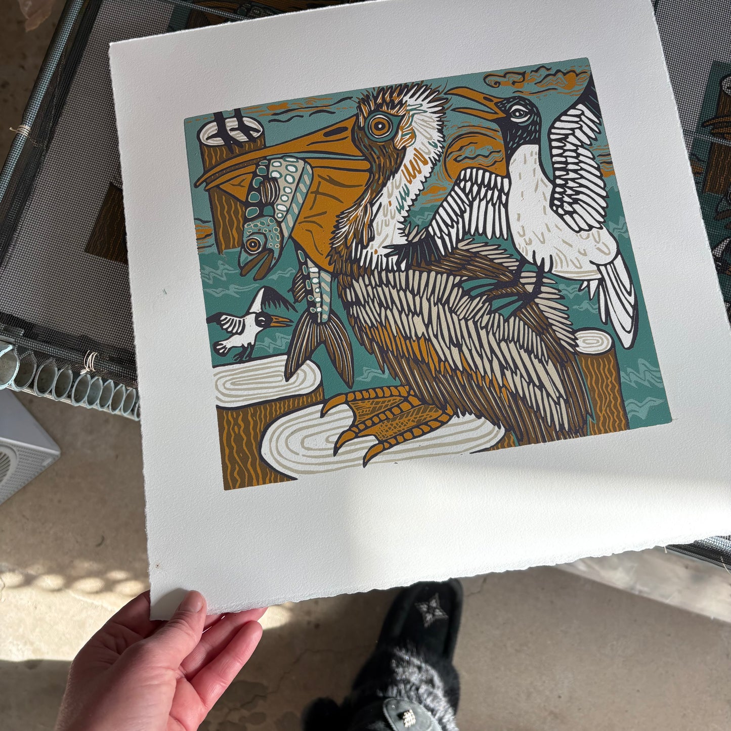 Pelican and Laughing Gull original woodcut
