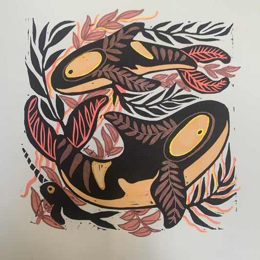 Pink and copper Kelp and orca linocut