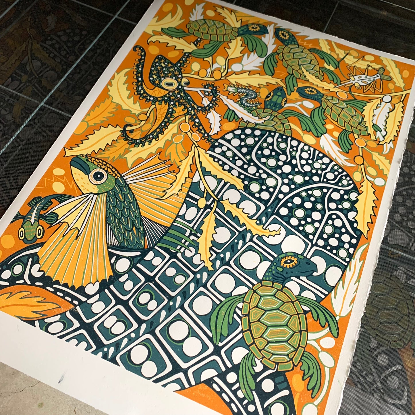 Flying fish and whale shark original Woodcut