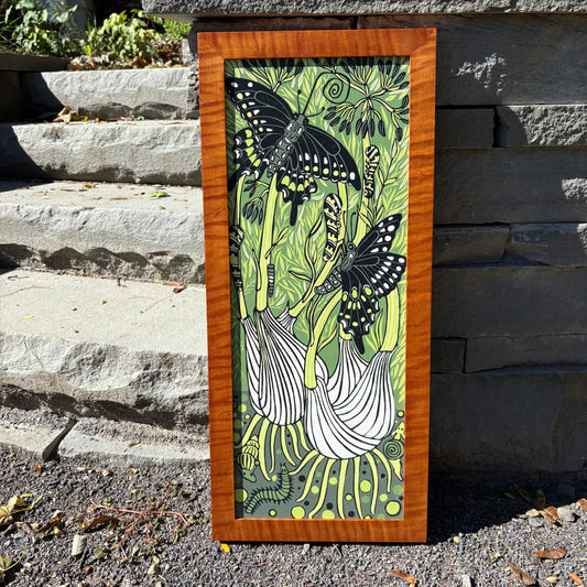 Fennel Forest woodcut framed in nutmeg