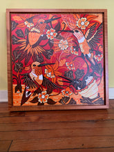 Load image into Gallery viewer, Pre-order Hummingbird and spiderweb woodcut framed in nutmeg
