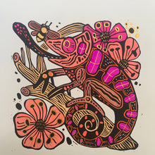 Load image into Gallery viewer, Pretty Handpainted chameleon linocut
