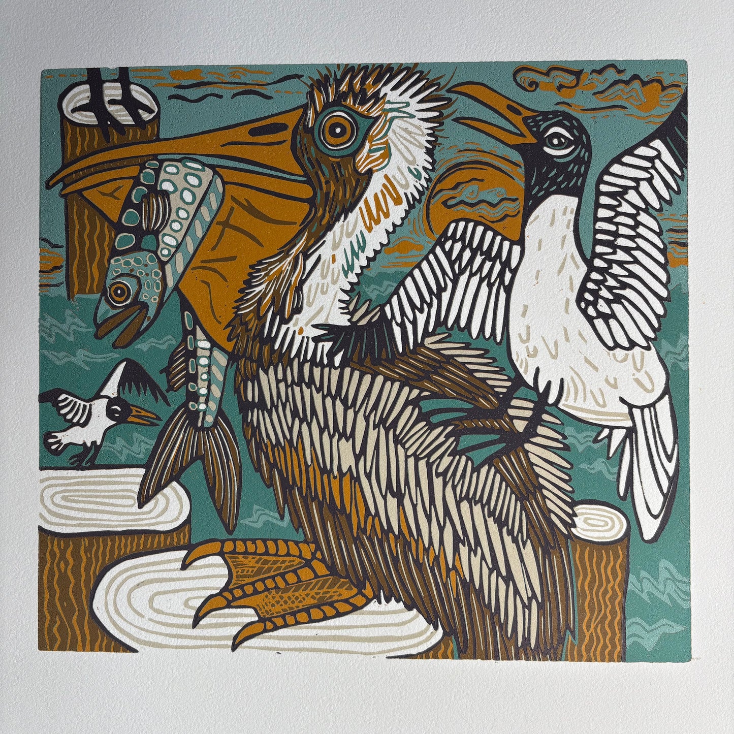 Pelican and Laughing Gull original woodcut