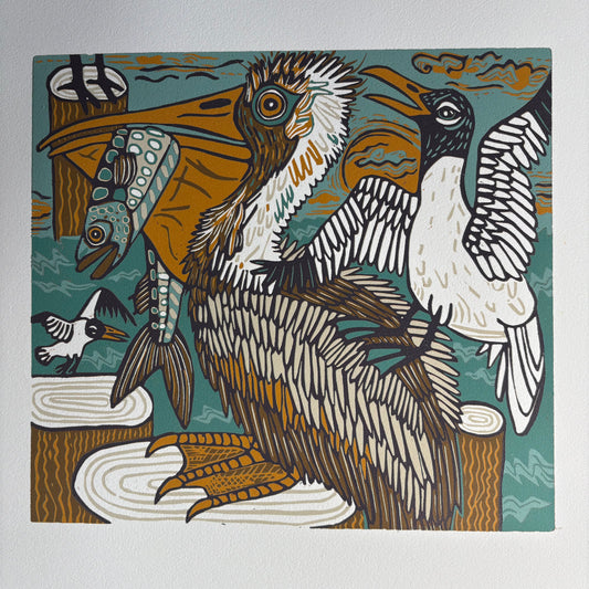 Pelican and Laughing Gull original woodcut