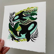Load image into Gallery viewer, Kelp and orca linocut

