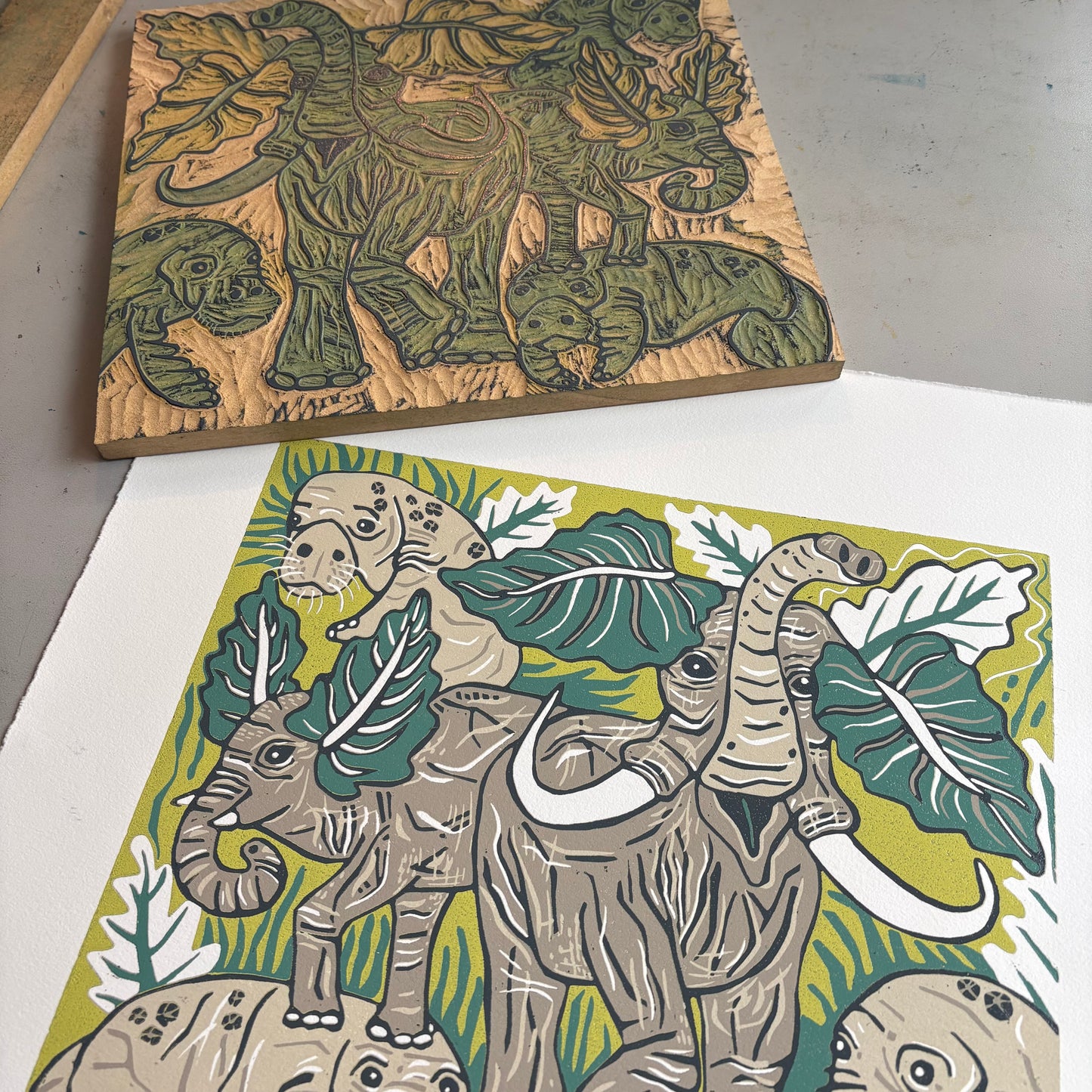 Elephant and manatee original woodcut