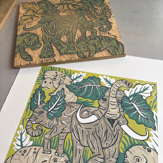 Elephant and manatee original woodcut
