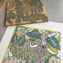 Load image into Gallery viewer, Elephant and manatee original woodcut
