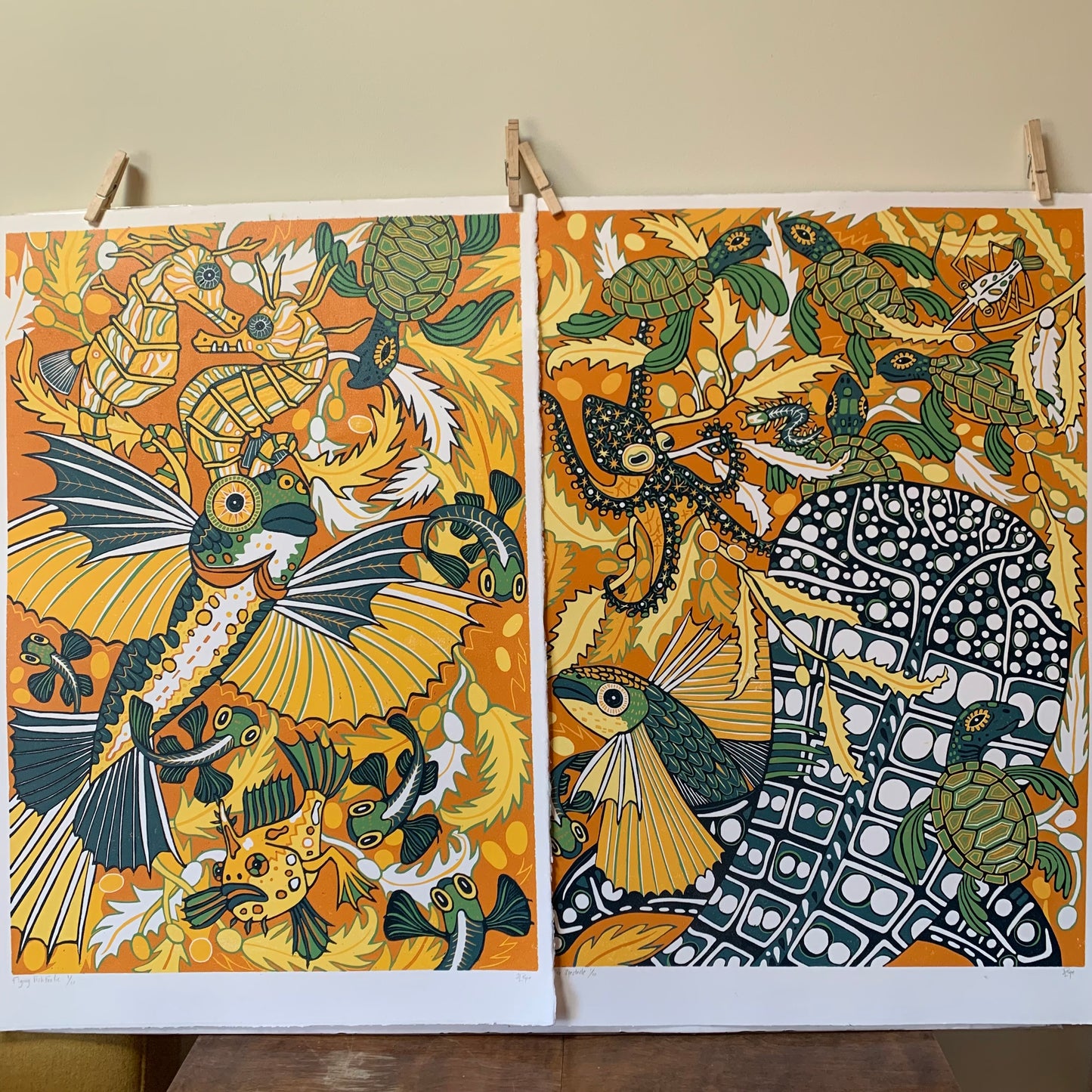 Flying fish and whale shark original Woodcut