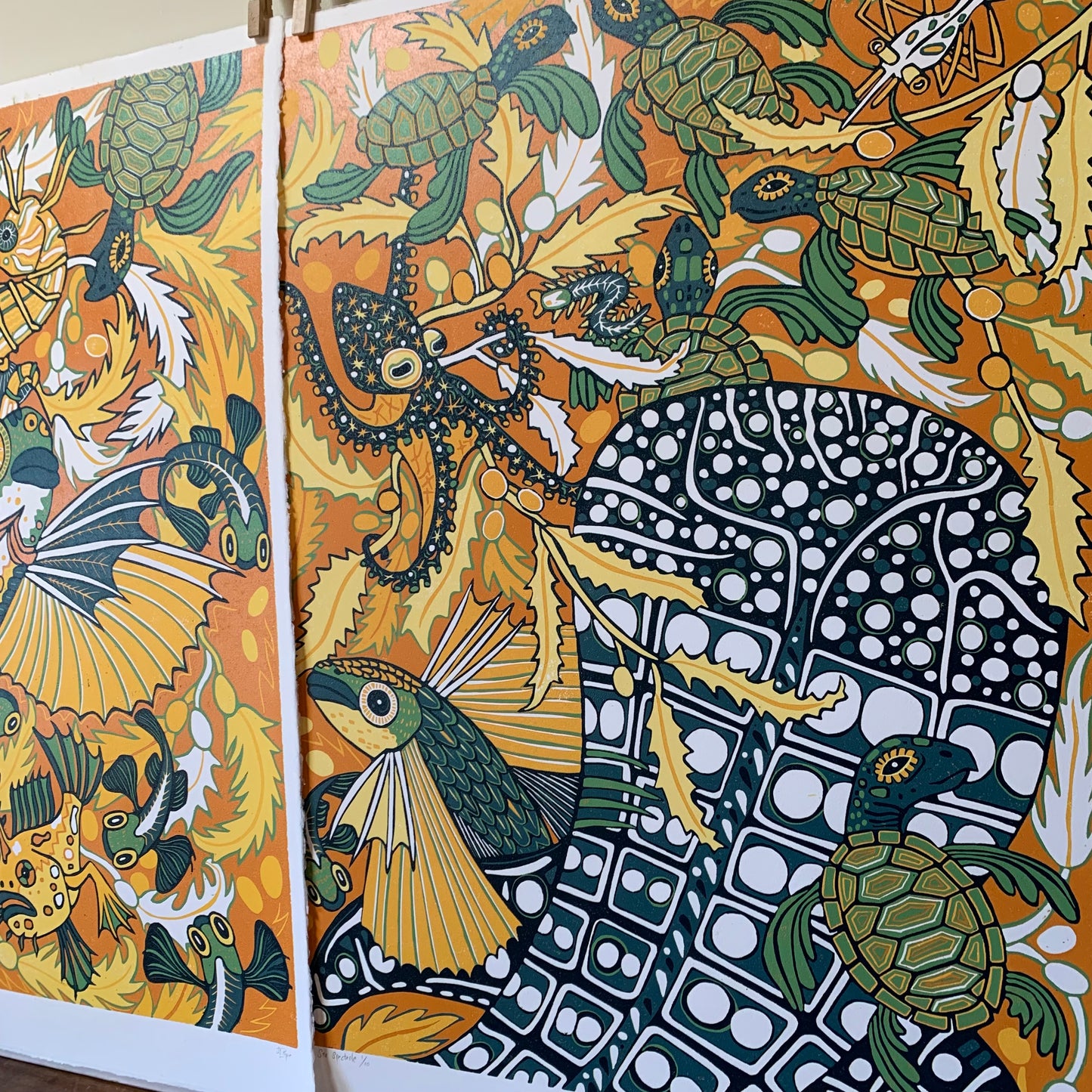 Flying fish and whale shark original Woodcut