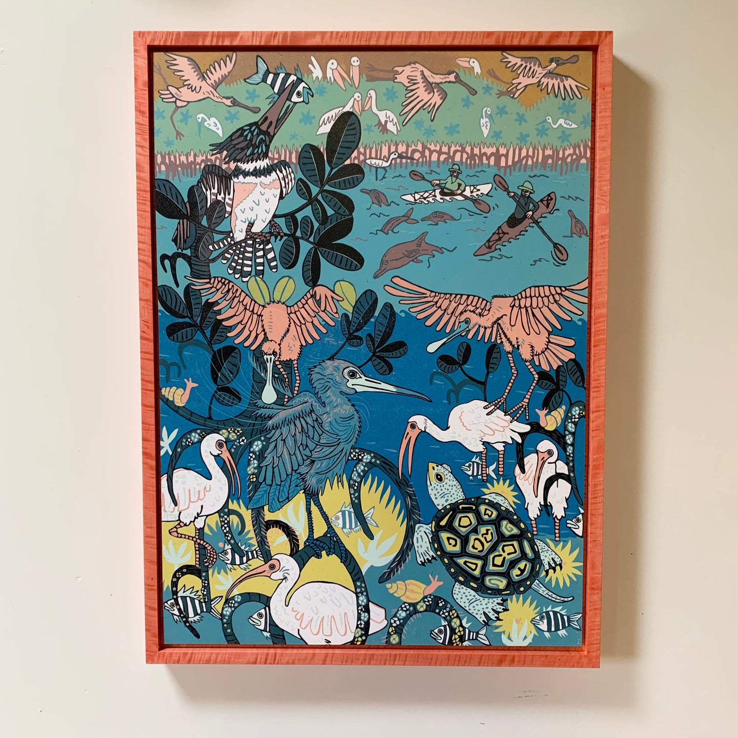 Please allow 8 weeks for delivery—Mangrove Homestead woodcut framed in pink