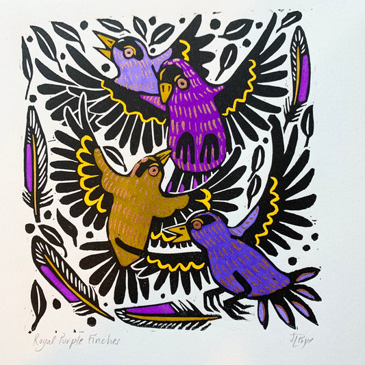 Purple finch linocut