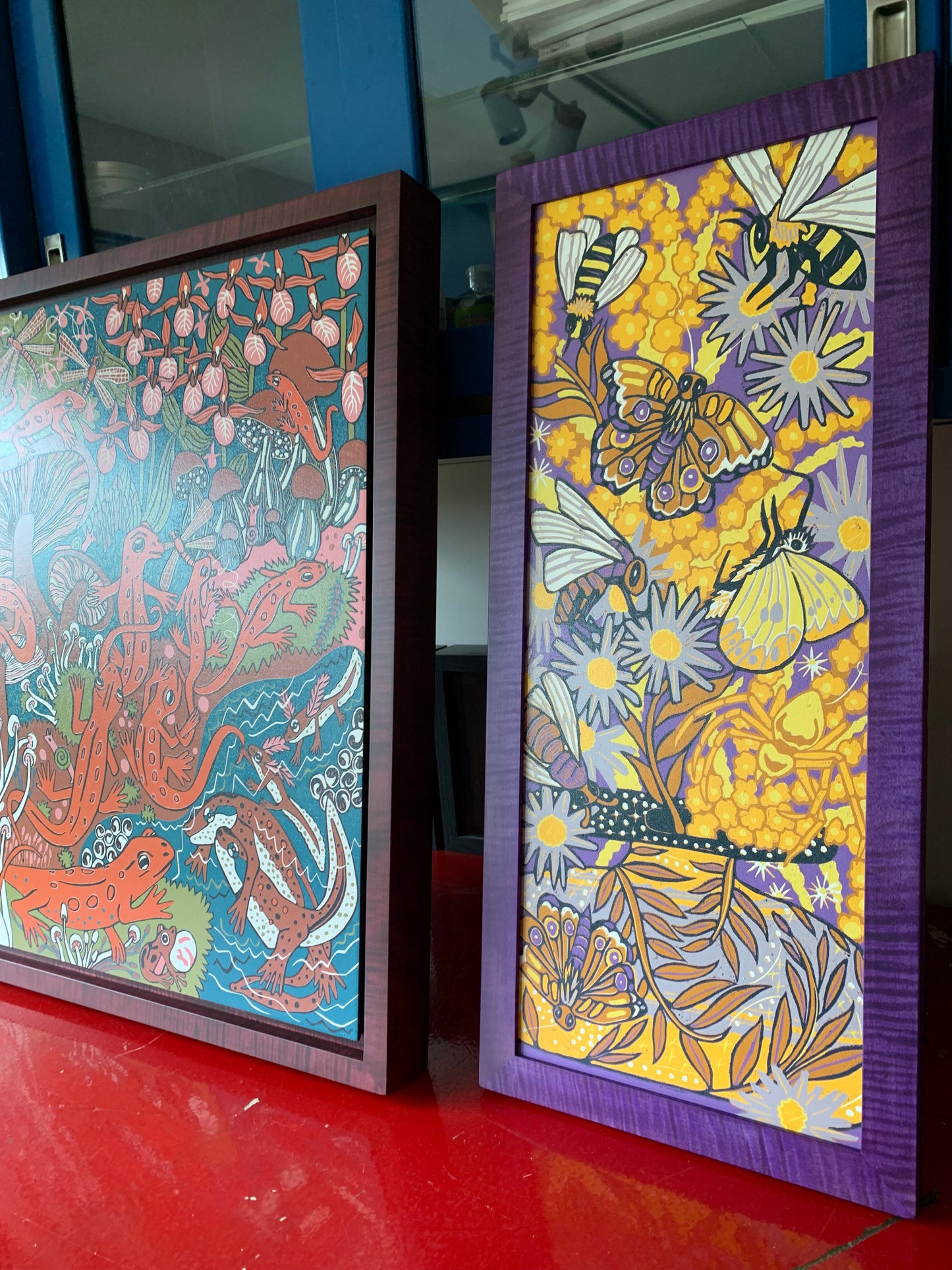 Last One Purple IN STOCK Aster and goldenrod woodcut framed in curly maple