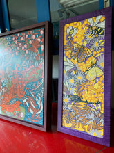 Load image into Gallery viewer, Last One Purple framed Aster and goldenrod woodcut framed in curly maple
