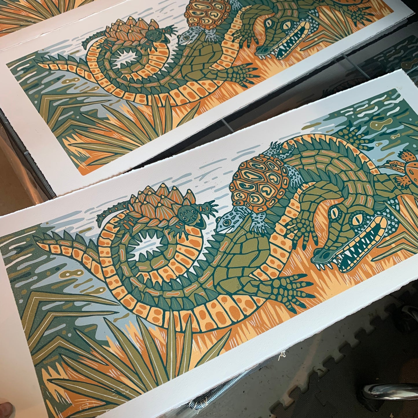 American alligator and turtle original woodcut