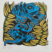 Load image into Gallery viewer, Handpainted blue frog linocut
